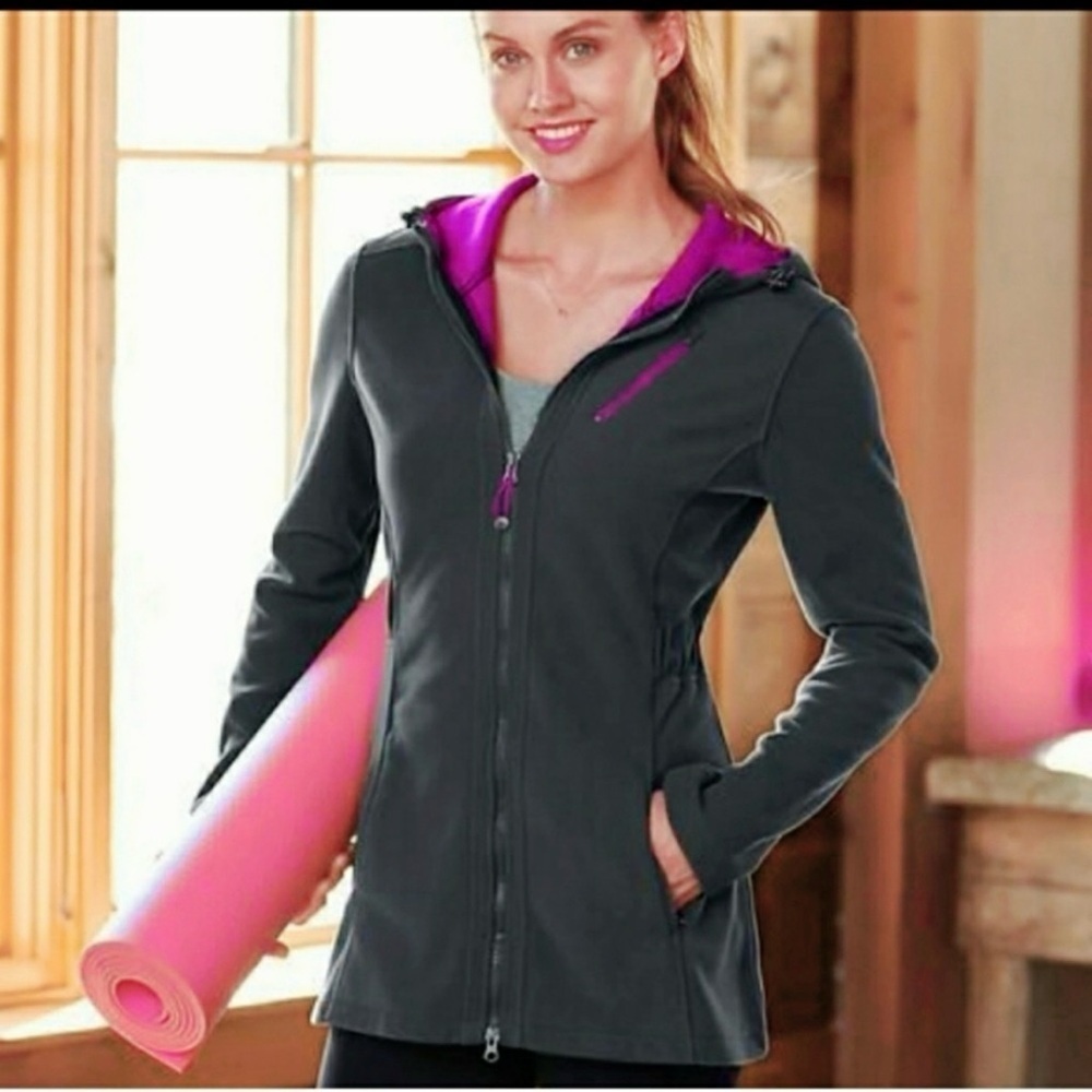 Athleta Swara Full Zip Hooded Floral Stitch Jacket Black Purple size medium